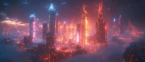 Naklejka premium Futuristic Cityscape with Illuminated Towers Emerging from Clouds