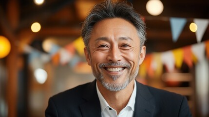 Fototapeta premium プロフェッショナルなプレゼンテーションのために、室内でお祝いの背景とともに微笑む、喜びに満ちた日本のビジネスマン