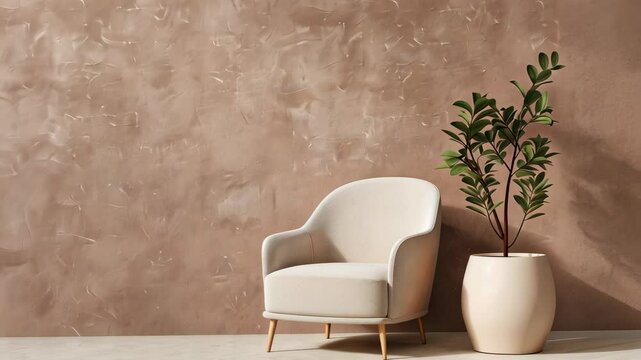 Minimalist Living Room with Beige Armchair and Green Plant in Large Pot Against Textured Mauve Wall, Modern Interior Design, Stylish Home Decor, Tranquil and Serene Atmosphere