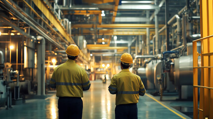 Supervisor coordinating with team members during a shift change in an industrial setting, shift management, team coordination