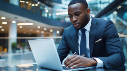 Fototapeta premium Businessman typing on a laptop, focused on a presentation in a sleek office, digital work, corporate setting