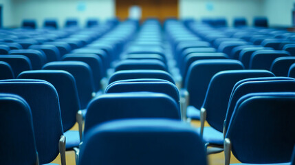 Fototapeta premium Large conference center hall filled with rows of chairs and presentation equipment, conference venue, public building