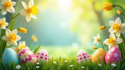 Easter background, include colorful decorated Easter eggs, spring flowers (tulips and daffodils), copy space in the middle, horizontal