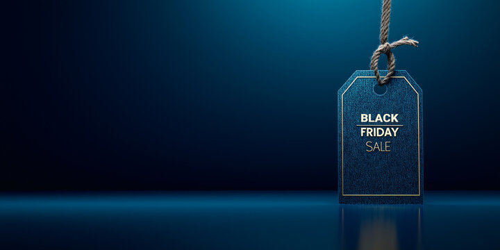 Dark blue Black Friday sale tag hanging by a rope on a gradient blue background, offering space for custom text. Kyber monay, discount concept.