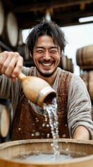 Obraz premium 素朴な酒蔵で伝統的な酒造りに励む職人：産業、文化、職人技