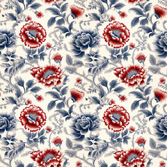 Seamless floral pattern with blue and red flowers on cream background for fabric and wallpaper design