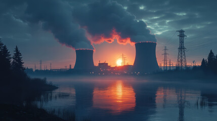 Fototapeta premium Sunrise Over Nuclear Power Plant with Cooling Towers and Misty Reflection