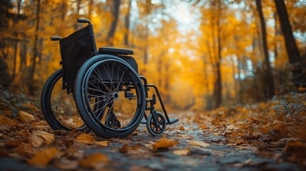 A wheelchair user advocates for accessible pathways in a vibrant autumn forest setting