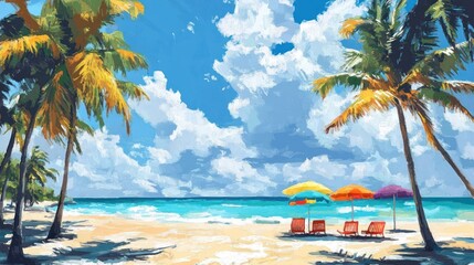Obraz premium A picturesque tropical beach scene with palm trees, white sand, turquoise water, and colorful umbrellas on lounge chairs under a bright blue sky.