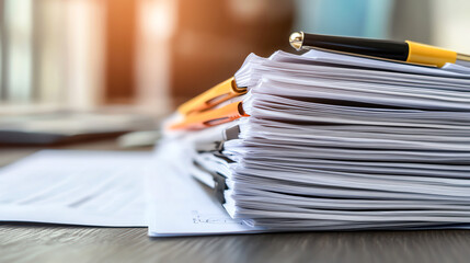 Stacks of paperwork on a desk, representing the administrative side of insurance, documents, office work