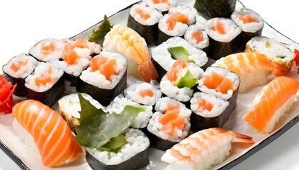Colorful sushi and sashimi arrangement on an elegant dining table