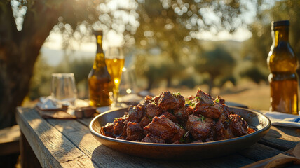 Barbecue on a table set outdoors in the countryside.