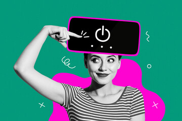 Composite artwork collage image picture of girl press button smart phone screen head isolated on...