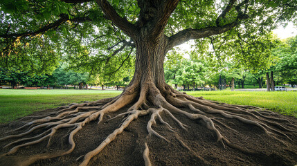 Fototapeta premium Tree with strong roots anchored deep into the ground, symbolizing stability and resilience, strength, foundations