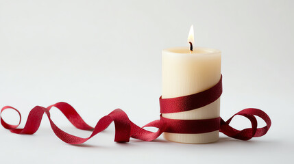 Christmas candle wrapped in festive ribbon, isolated on a solid white background