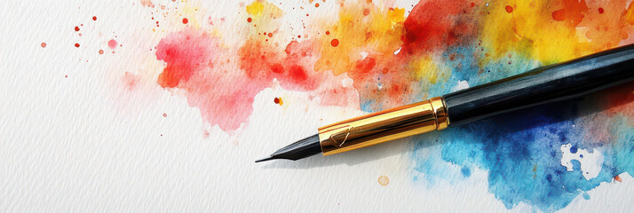 Celebrating world writers' day with an artistic open book concept. Horizontal banner. Copy space. World Poetry Day. Literacy Day. Knowledge Day. Watercolor illustration. World book day