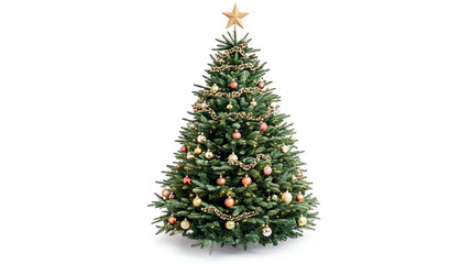 Christmas tree adorned with garlands and a star topper on a plain white background, isolated