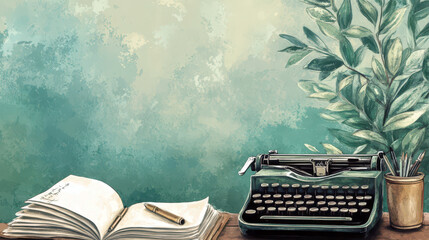 Celebrating world writers day with vintage typewriter and open journal for creative inspiration. World writer day. Horizontal banner. Copy space. World Poetry Day. Literacy Day. Knowledge Day