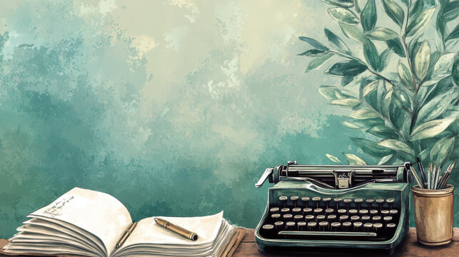 Celebrating world writers day with vintage typewriter and open journal for creative inspiration. World writer day. Horizontal banner. Copy space. World Poetry Day. Literacy Day. Knowledge Day - Powered by Adobe