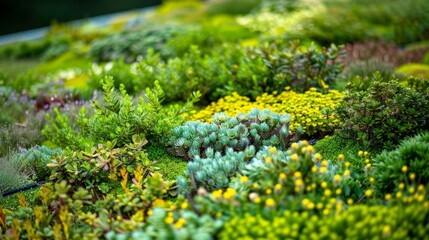 Sedum and other succulent plants thriving on extensive green roof system, providing sustainable urban drainage and thermal insulation
