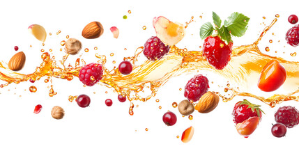 A colorful splash of autumn berries and nuts in mid-air, with juice and fragments flying. Isolated on white background