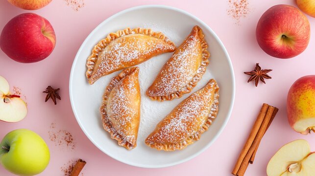 Apple and cinnamon dessert empanadas, arranged on a white dish, isolated on a pastel background, with powdered sugar and cinnamon sticks