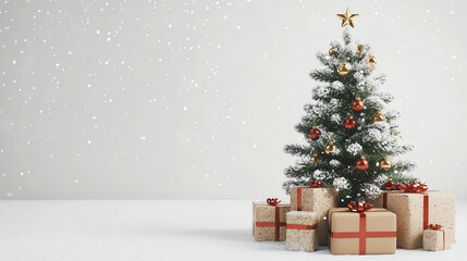 Festive Christmas tree with wrapped presents and snow effect on a white background