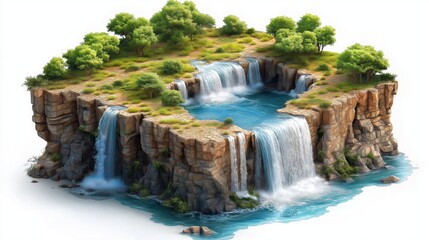 Naklejka premium Beautiful miniature island with cascading waterfalls and lush greenery, presenting a serene and fantasy-inspired natural paradise, Generartive AI