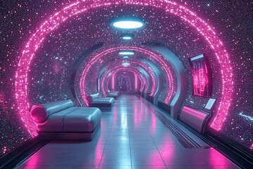 Obraz premium Futuristic neon tunnel with pink led lights and modern seating