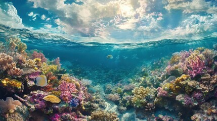 A vibrant underwater coral reef scene with colorful coral, fish, and sunlight shining through the surface of the ocean.