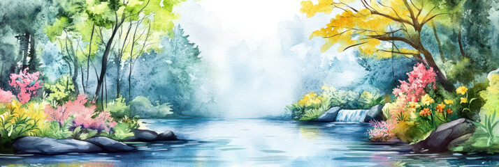 Tranquil river landscape with lush forest and vibrant wildflowers celebrating nature beauty. Horizontal banner. Copy space. World water day. Save water and environment concept Climate change problem