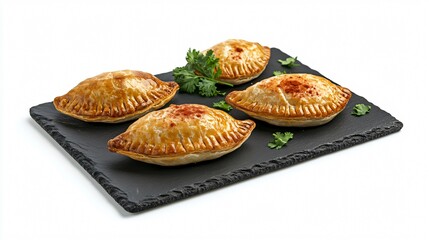 Empanadas filled with chorizo and potatoes, placed on a dark slate board, isolated on a white background, with paprika and cilantro garnish