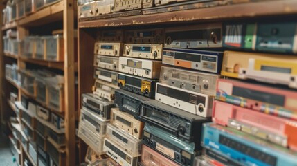 Rows of old audio equipment are stacked high on shelves, showcasing a collection of vintage technology from a bygone era