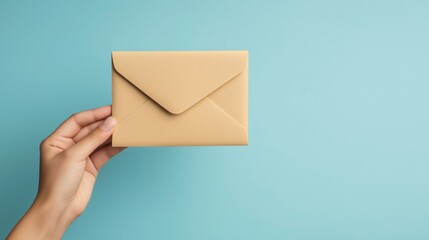 Fototapeta premium Minimalistic beige envelope in hand against blue background, representing traditional mail and personal communication for letters and invitations, Generative AI