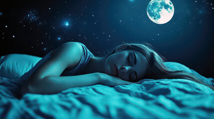 Beautiful woman sleeping in bed. Full moon background. World Sleep Day. Rest and relax. Horizontal banner. Copy space. Awareness about importance of sleep and insomnia problem