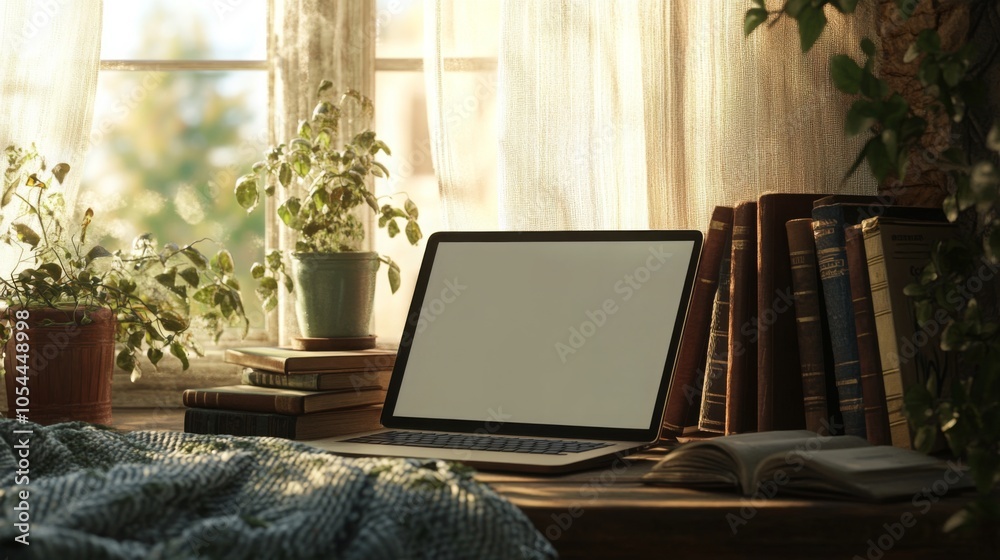 Leinwandbilder a cozy workspace features a laptop resting on a wooden desk beside stacked books and potted plants. 