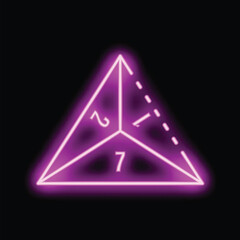 Pink neon sign of a twenty sided die showing the number seven glowing on a black background