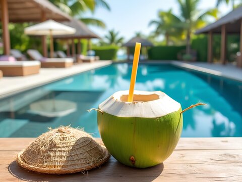 Fresh and refreshing coconut juice served on the table by the resort pool
