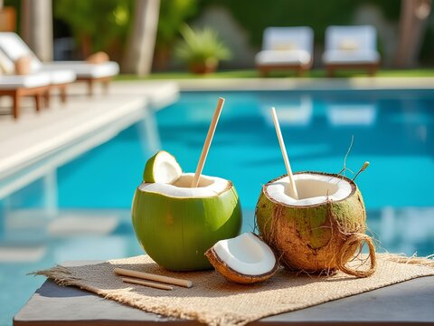Fresh and refreshing coconut juice served on the table by the resort pool