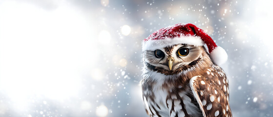 Obraz premium smart christmas owl wearing red santa hat looking directly; concept of shopping smartness & wisdom while online purchases of xmas gifts; funny animal isolated over blank bright bokeh background