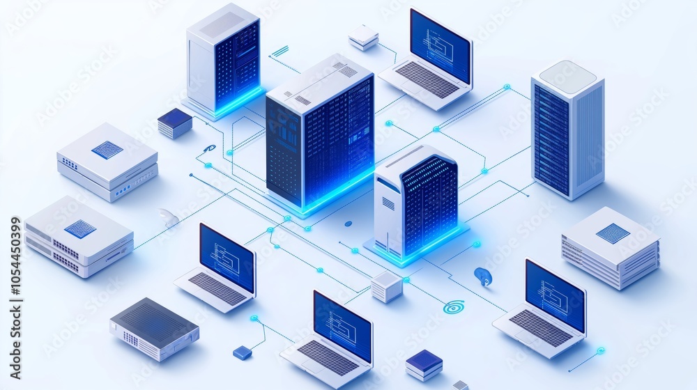 Leinwandbilder High-tech network infrastructure connecting digital devices and servers in a futuristic data center for enhanced connectivity and cloud solutions, Generative AI