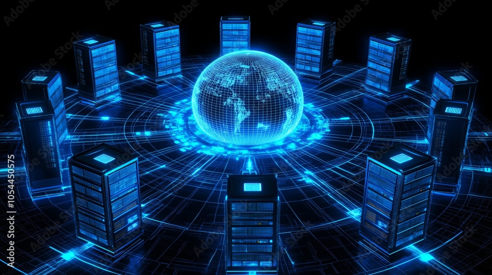 Fototapete data center network with glowing blue servers encircling a virtual globe, representing global connectivity and advanced technology infrastructure, Generative AI