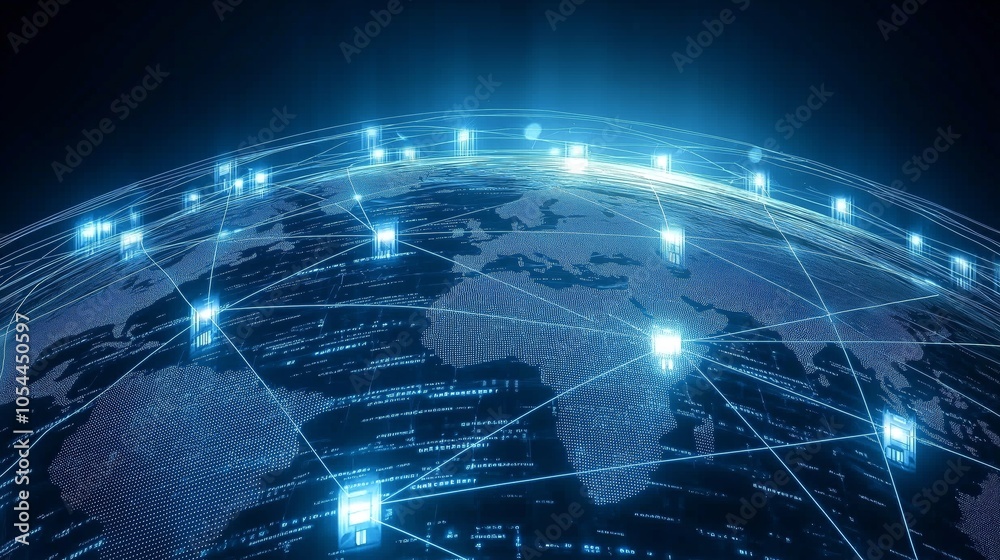 Poster Futuristic Global Network with Digital Connections, Representing Worldwide Connectivity and Technology in a High-Tech Visualization, Generative AI