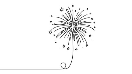 One continuous line illustration of fireworks, isolated on white background.