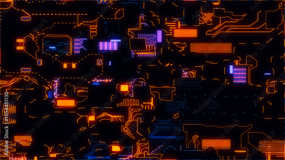 Poster printed circuit board. visualization of printed circuit board processor chip, digitalization of neur