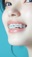Fototapeta premium 青い背景に歯列矯正器具を装着した日本人女性の歯のケアルーチン