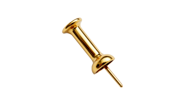 Golden stationery push pin isolated on transparent background