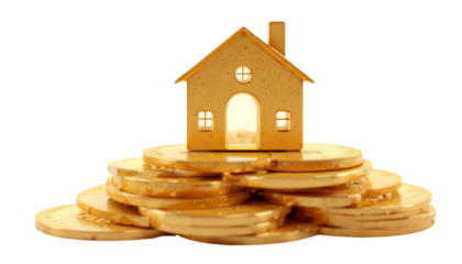 Golden House Standing on Stacks of Golden Coins, isolated on transparent background,