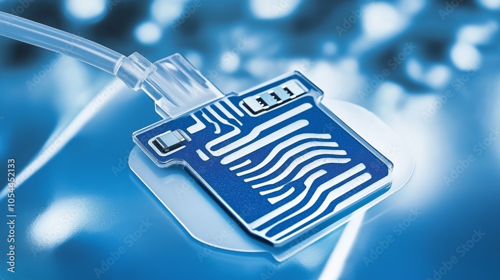 Leinwandbilder close-up of blue sensor technology on fabric texture, representing modern digital security and futur