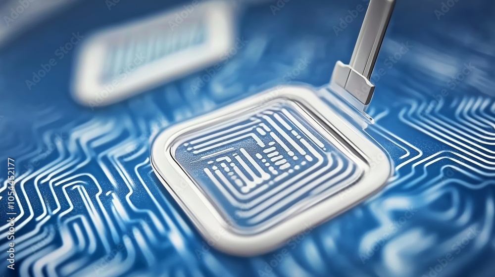 Aufkleber close-up of blue sensor technology on fabric texture, representing modern digital security and futur